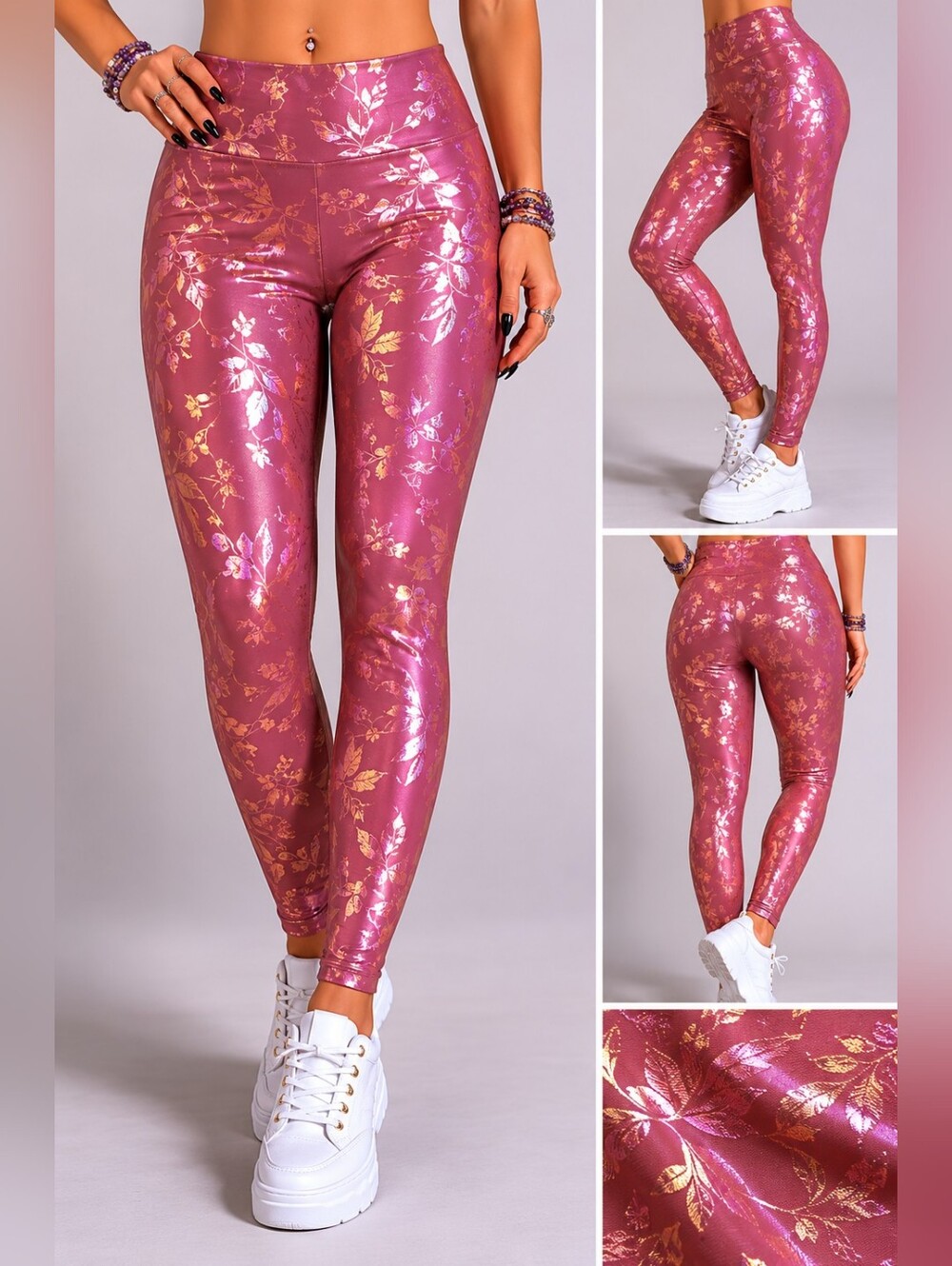 Fabletics Mauve Rose Gold Floral Foil High Waisted Leggings Size M